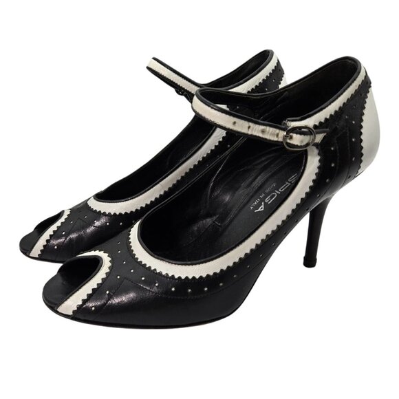 Via Spiga Shoes - VTG Via Spiga 7.5 Black White Leather Peep-Toe Mary Jane Oxford Heels Lady*Read